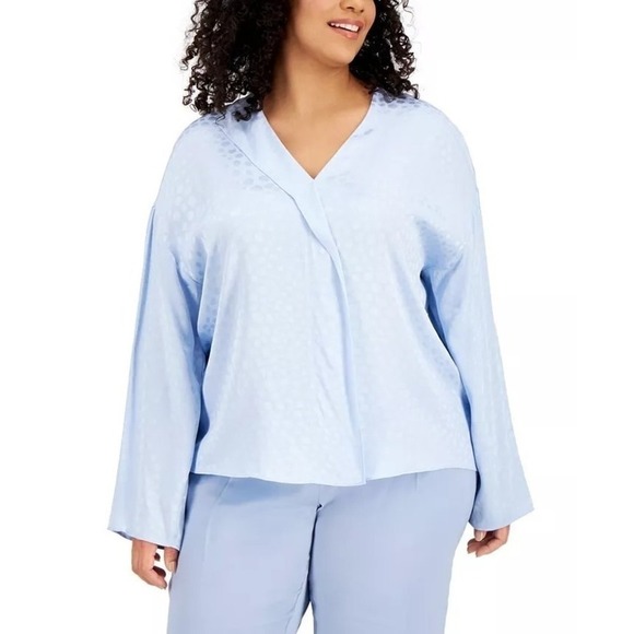 Alfani Plus Size Collared Blouse Blue Combo 0X - Picture 1 of 3